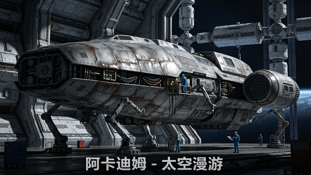 一艘正在太空船坞中接受改装的宇宙飞船,画面主体是飞船的侧面特写,周围有机械臂和工程师在进行作业,背景是巨大的空间站内部结构,画面下方有