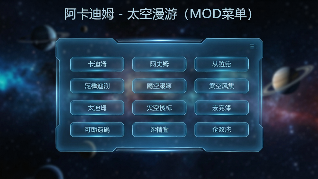 一个科幻风格的悬浮菜单界面,画面中央是一个半透明的蓝色全息面板,面板上排列着多个功能选项按钮,背景是模糊的宇宙星空,画面顶部有