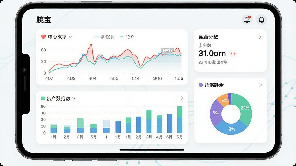 一张展示腕宝应用内健康数据看板界面的图片,屏幕上显示心率曲线图、步数柱状图和睡眠饼图,布局采用卡片式设计,风格清新健康,细节包括数据数值和日期标签,画质干净整洁,无多余元素