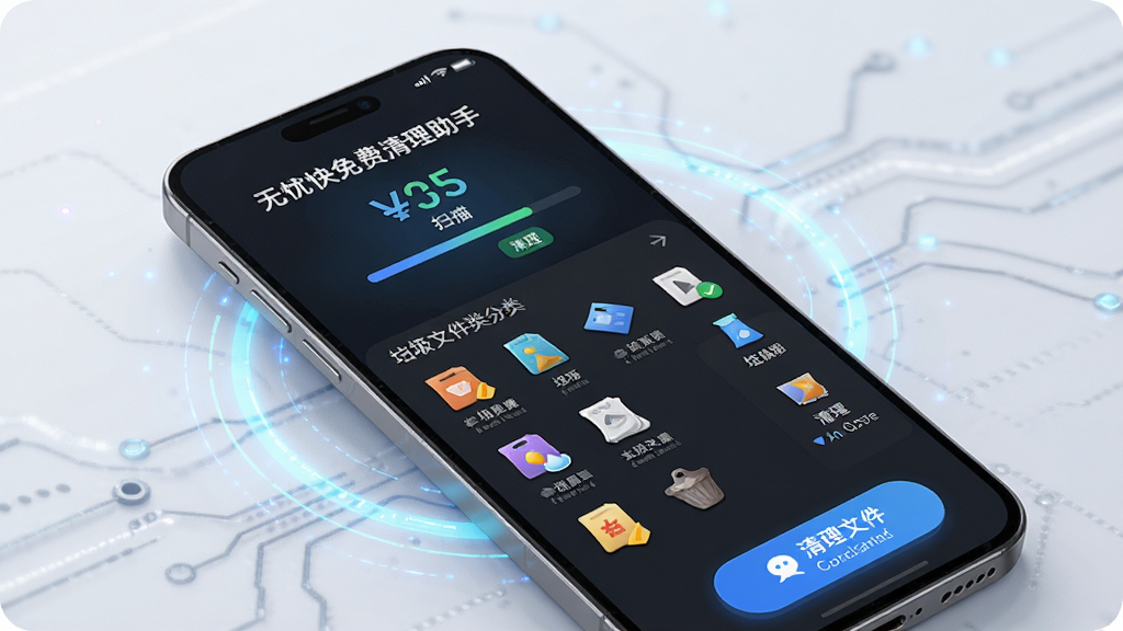 一张展示无忧快免费清理助手进行一键扫描清理的图片,主体是手机屏幕显示扫描进度和垃圾文件分类列表,屏幕上有各种垃圾文件图标和清理按钮,手机周围有淡淡的科技感光效,布局简洁,风格现代,细节清晰,画质高清,干净,无多余元素