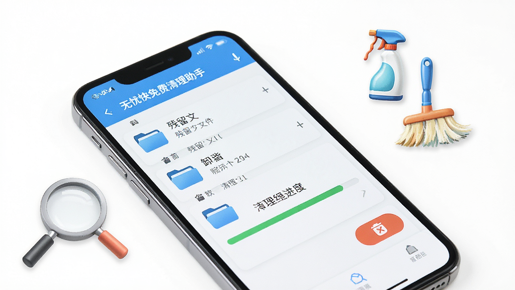 一张展示无忧快免费清理助手卸载残留清理功能的图片,主体是手机屏幕显示残留文件列表和清理进度,屏幕上有文件夹图标和删除按钮,手机旁边有放大镜和清洁工具的小图标装饰,布局简洁,风格清新,细节清晰,画质高清,干净,无多余元素