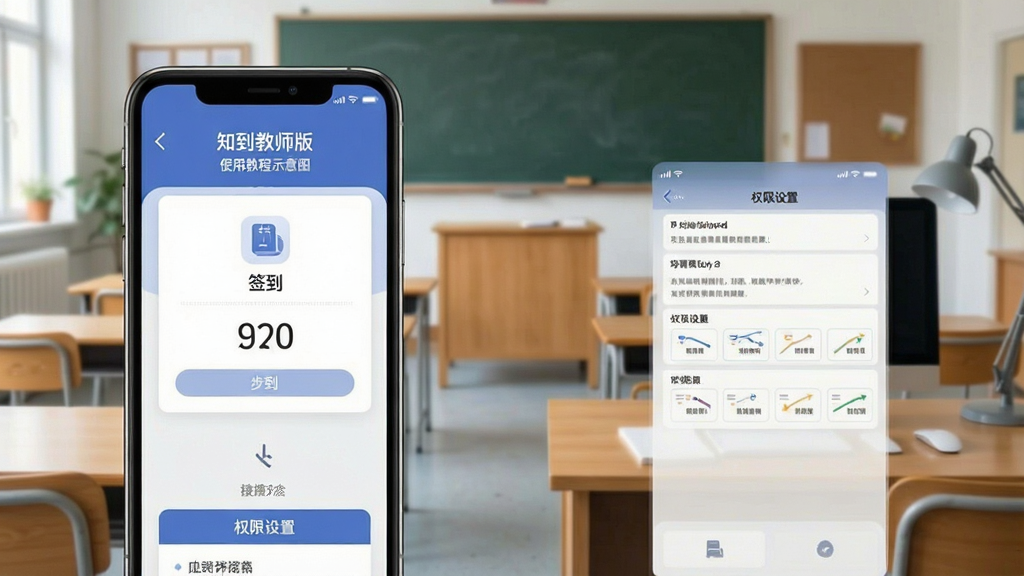 知到教师版使用教程示意图,手机屏幕展示签到操作步骤和权限设置界面,背景为教室和办公桌组合场景,风格简洁明了,细节清晰,画质干净,无多余元素