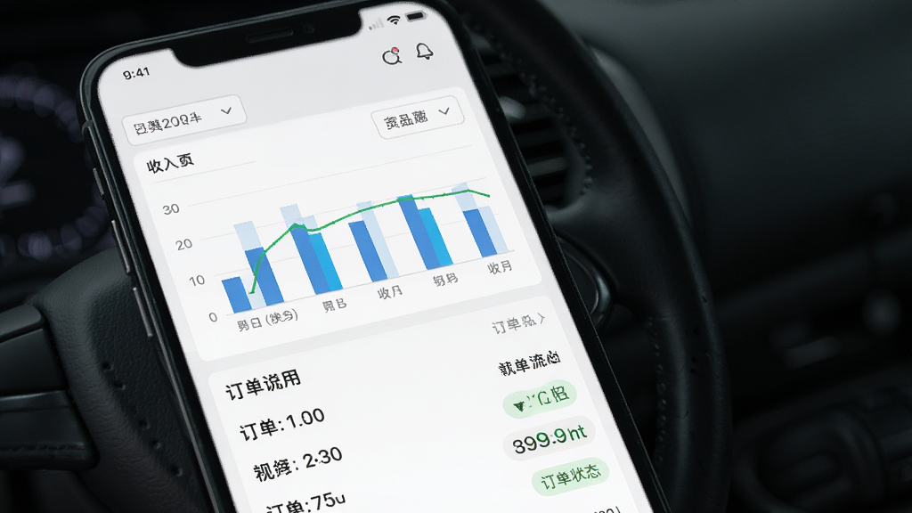 帮邦行司机D收入统计页面展示图,主体为手机屏幕显示柱状图与订单流水列表,布局采用上方图表下方明细的排版,风格为清爽数据可视化风格,细节包含日期筛选、收入数字、订单状态标签,画质高清干净无多余元素