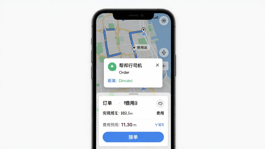 帮邦行司机D实时派单功能展示图,主体为手机屏幕呈现订单弹窗与地图路线,布局采用上下结构上方地图下方订单详情卡片,风格为扁平化设计,细节包含距离标注、费用预估、接单按钮,画质清晰干净无多余元素