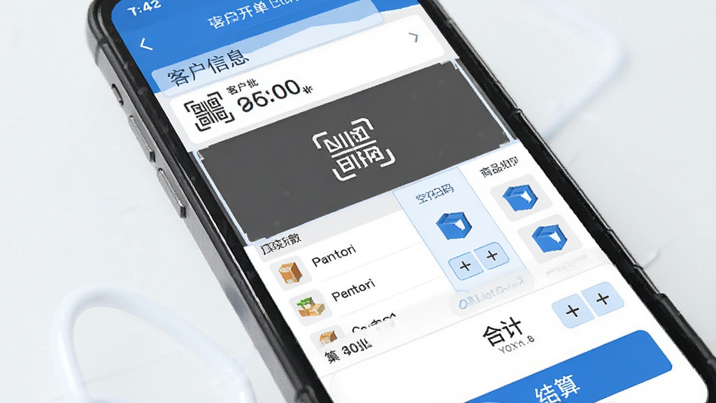 快批极速开单功能展示图,主体为手机屏幕特写,屏幕中显示快批开单界面,布局为上下结构,上方是客户信息栏,中间是商品扫码区和列表,下方是合计金额和结算按钮,风格为清爽的商务蓝白配色,细节包含扫码图标、商品行、数量加减按钮,画质清晰,干净,无多余元素