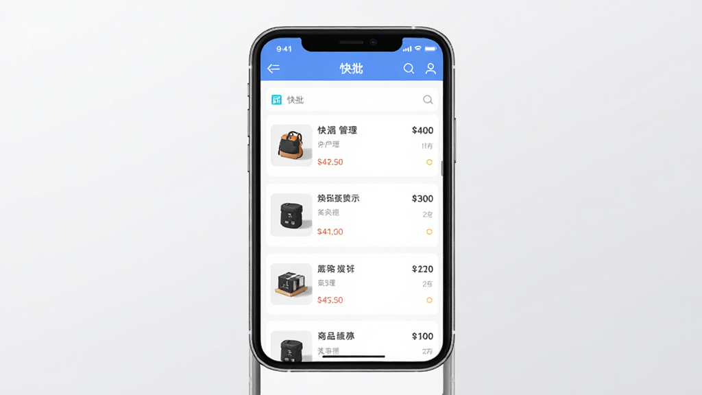 快批软件主界面预览图,主体为一部智能手机,屏幕显示快批应用的商品管理列表界面,布局居中,背景为简洁的浅灰色渐变,风格为现代扁平化设计,细节包含商品缩略图、名称、价格和库存数字,画质清晰,干净,无多余元素