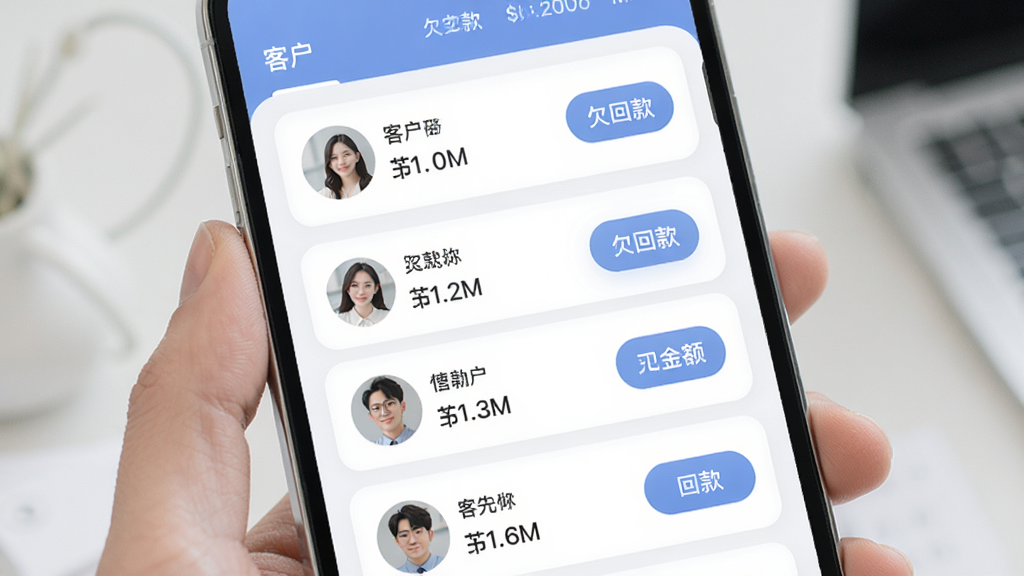 快批客户欠款管理界面图,主体为手机屏幕,显示客户列表和欠款金额汇总,布局为上下滚动列表,风格为柔和圆角卡片式设计,细节包含客户头像、欠款数字、回款按钮,画质清晰,干净,无多余元素