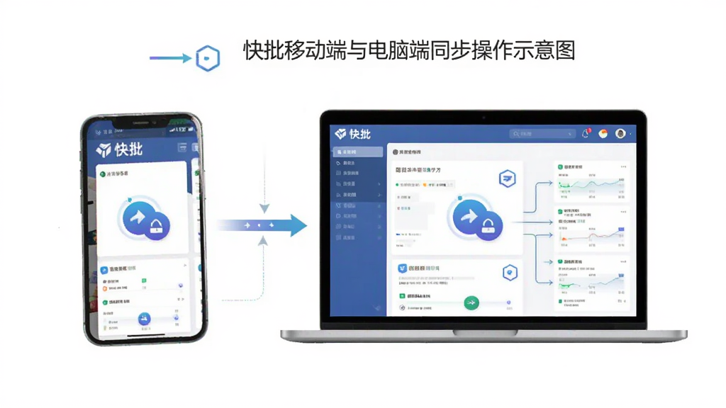 快批移动端与电脑端同步操作示意图,主体为手机和笔记本电脑并排,屏幕均显示快批界面,布局为左右对称,风格为简洁办公风格,细节包含同步图标、数据流动箭头,画质清晰,干净,无多余元素