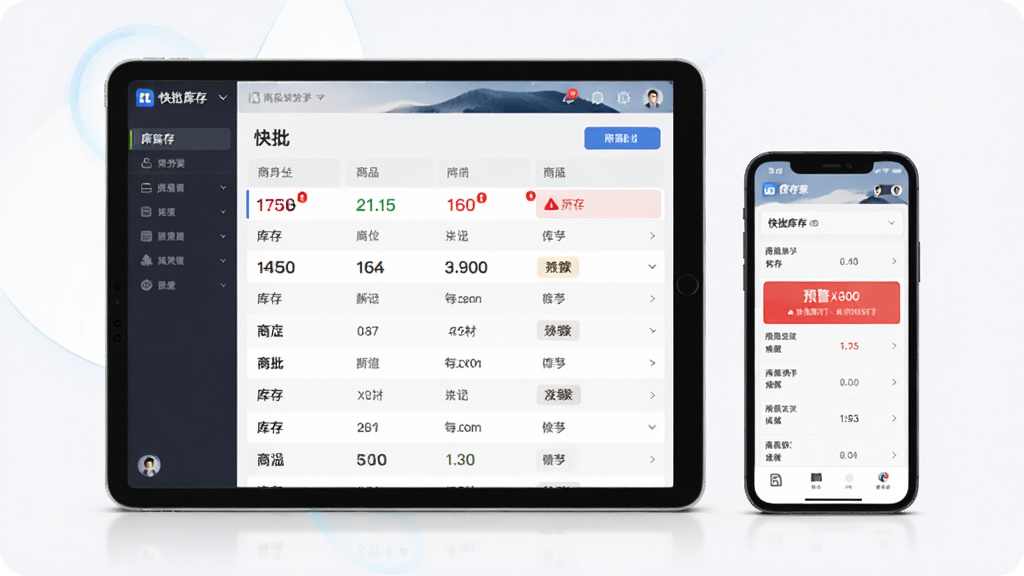 快批库存管理界面展示图,主体为平板电脑和手机并排展示,屏幕显示快批库存列表和预警提示,布局为左右对比,风格为简约科技感,细节包含库存数字、预警红标、商品分类标签,画质清晰,干净,无多余元素