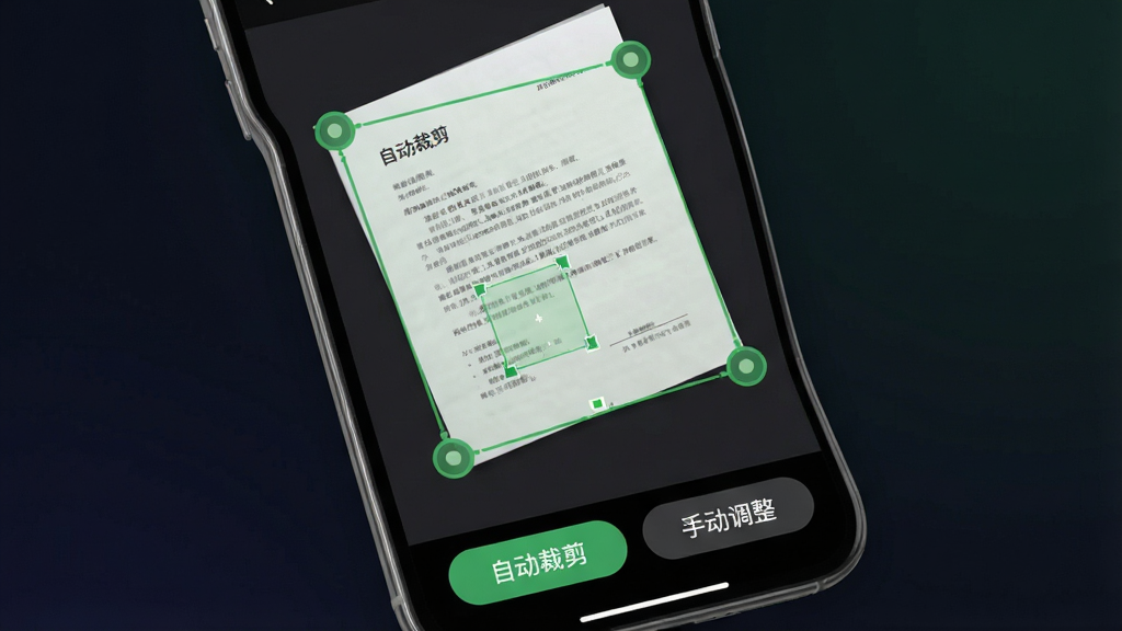 一张展示扫描文件万能王自动裁剪功能的界面截图式图片,画面主体为手机屏幕,屏幕内显示一张倾斜拍摄的纸质文档正在被绿色识别框自动框选,文档边缘有四个圆点标记,界面底部有“自动裁剪”和“手动调整”两个按钮,背景为深色渐变,突出屏幕内容,风格为扁平化UI设计,细节上体现算法的精准识别效果,画质清晰锐利,干净无多余元素