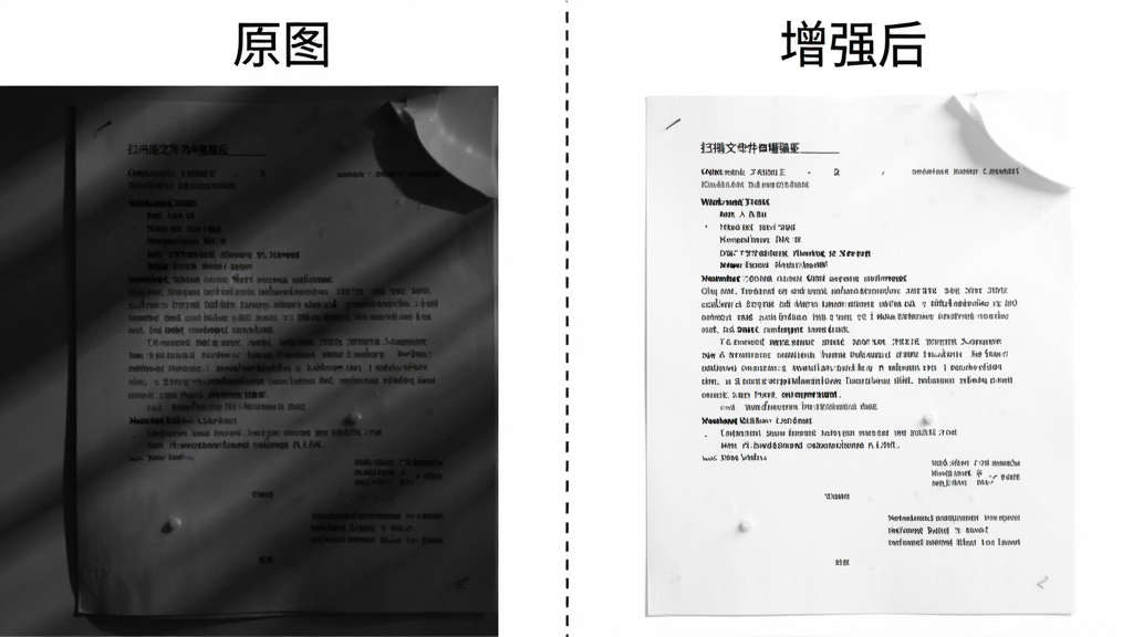 一张展示扫描文件万能王图像增强效果的对比图,画面分为左右两部分,左侧是原始拍摄的偏暗且带有阴影的文档照片,右侧是经过黑白增强处理后的清晰文档,中间用一条竖直的虚线分隔,图片上方有“原图”和“增强后”的标签,背景为纯白色,风格为产品功能展示图,细节上体现文字锐度与背景纯净度的差异,画质高清,干净整洁,无多余装饰