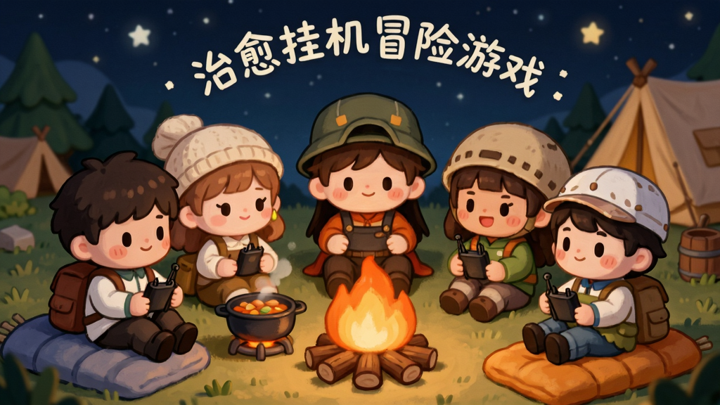 画面主体是五个不同职业的Q版伙伴围坐在篝火旁,背景是星空下的营地,布局采用圆形环绕构图,排版上方弧形写有
