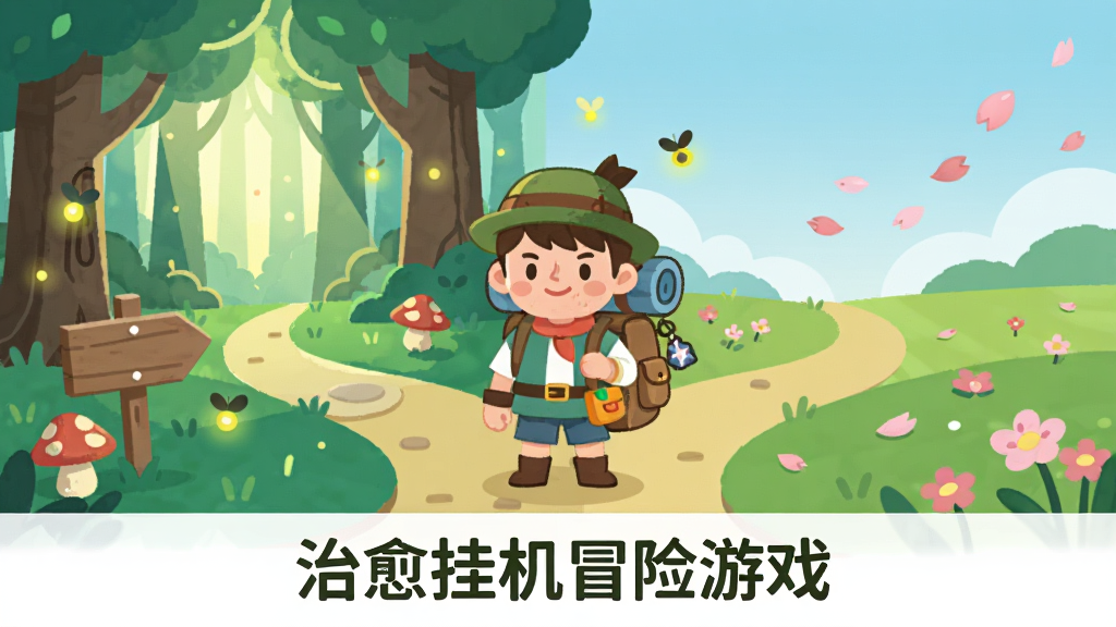 画面主体是一个卡通冒险者背着行囊站在分岔路口,左边是发光的森林,右边是飘着花瓣的平原,布局为横向三分法构图,排版底部中央写有