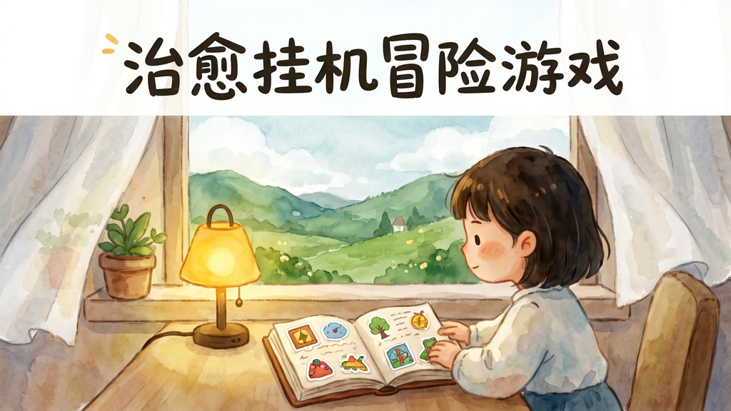 画面主体是一位坐在窗边的小女孩,窗外是飘着云朵的绿色山谷,桌上放着一盏暖黄色小灯和一本翻开的冒险手账,布局采用中心构图,排版上方留白写有