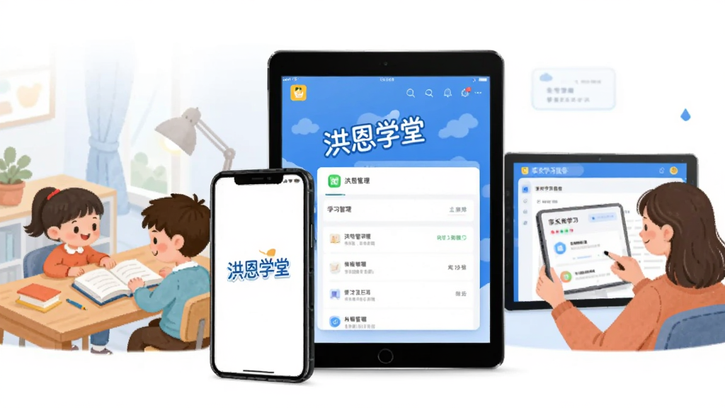 一张横向布局的软件宣传图,画面中央放置手机与平板设备,屏幕中显示“洪恩学堂”文字标识与学习管理界面,左侧为儿童学习场景插画,右侧为家长查看学习报告的界面示意,整体采用蓝白配色,风格简洁清爽,细节清晰,画质干净,无多余元素