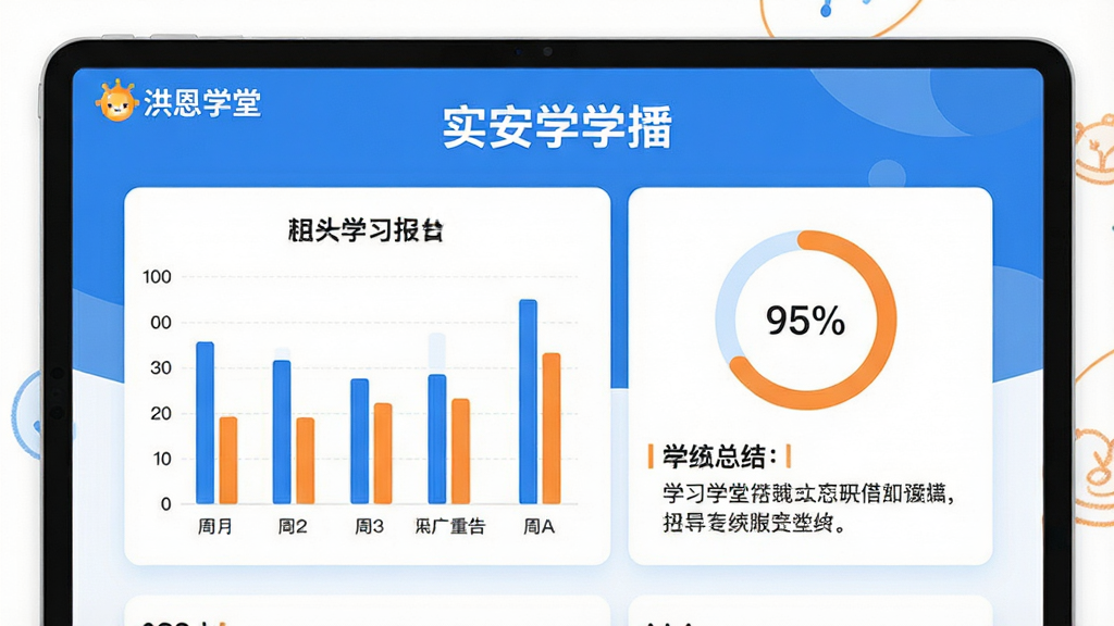 一张学习报告界面图,画面主体为“洪恩学堂”学习报告页面,包含柱状图、环形进度图与文字总结,配色以蓝色和橙色为主,布局清晰,风格简洁,画质干净,无多余元素