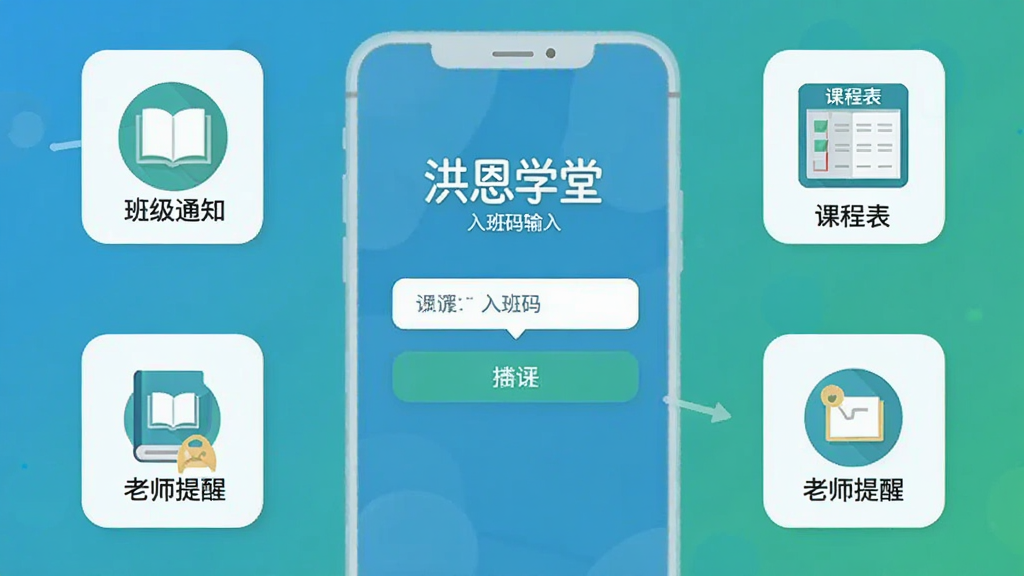 一张信息示意图,画面中央为“洪恩学堂”入班码输入界面,周围环绕班级通知、课程表、老师提醒等小图标,采用扁平化设计风格,蓝绿色调为主,排版清晰,细节简洁,画质干净,无多余元素