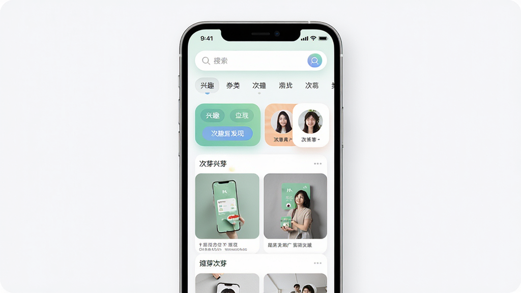 ��ѿӦ��������չʾ������Ϊһ�������ֻ���Ļ����Ļ�ڳ��ִ�ѿAPP�ķ���ҳ�棬������Ȥ��ǩ��Ƭ���û�ͷ���б������ֲ������½ṹ���Ϸ�Ϊ������������ǩ���·�Ϊ�ٲ������ݣ��Ű������죬���Ϊ�ִ���ƽ����ƣ�ϸ�ڰ�����͵Ľ��䰴ť��Բ�ǿ�Ƭ��΢ͶӰЧ�������ʸ��壬����ɾ����޶���Ԫ��