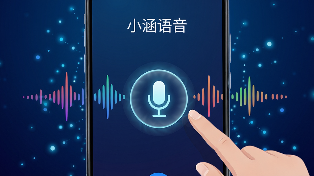 一部安卓手机屏幕特写,屏幕上显示“小涵语音”的语音交互界面,画面中有一个发光的麦克风图标和动态声波,用户的手正对着手机说话。背景为深蓝色渐变,带有科技感的光点粒子。布局为居中构图,手机屏幕占据画面主体。风格为现代科技感UI插画。细节上,声波呈现彩色渐变,麦克风图标有光晕效果,屏幕上方有“小涵语音”文字。画质高清,干净,无多余元素。