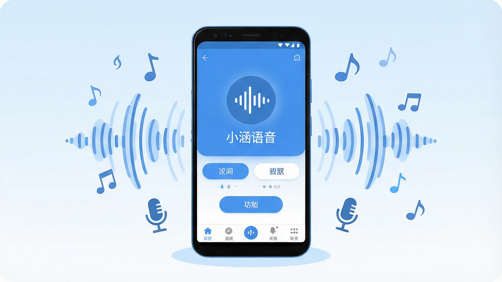 一张关于“小涵语音”手机应用的整体展示图。画面中央是一部竖屏安卓手机,手机屏幕上显示“小涵语音”App的首页界面,界面包含语音波形图标、功能按钮和底部导航栏。手机周围环绕着声波线条、音符符号、麦克风图标等元素,背景为浅蓝色渐变到白色的柔和色调。布局采用中心构图,手机居中,四周元素对称分布。风格为扁平化科技插画风,干净简洁。细节上,屏幕界面文字清晰可见“小涵语音”四个字,按钮为圆角矩形,配色以蓝白为主。画质高清,干净,无多余元素。