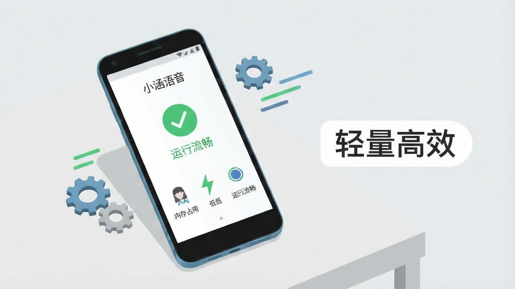 一部安卓手机放在桌面上,屏幕显示“小涵语音”的运行状态界面,界面简洁,显示内存占用低、运行流畅等指标图标。手机旁边有一些小巧的齿轮和速度线条装饰,表示轻量高效。背景为浅灰色简约风格。布局为手机居中偏左,右侧有文字标签“轻量高效”。风格为简约扁平插画。细节上,手机屏幕有绿色对勾图标和“运行流畅”字样,整体色调清爽。画质高清,干净,无多余元素。