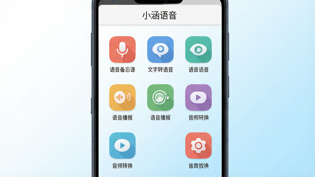一部安卓手机屏幕展开,屏幕上显示“小涵语音”的功能菜单界面,包含语音备忘录、文字转语音、语音播报、音频转换等图标。图标排列整齐,每个图标下方有文字标签。背景为白色到浅蓝色的渐变。布局为手机居中,功能图标以网格形式排列。风格为清新扁平化UI设计。细节上,图标为彩色圆角矩形,文字清晰,屏幕顶部有“小涵语音”标题栏。画质高清,干净,无多余元素。