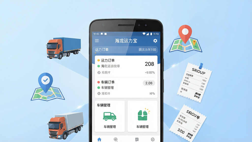 一张展示海龙运力宝软件核心全貌的宣传图,画面中央是一部安卓手机,手机屏幕上显示海龙运力宝APP的首页界面,包含运力订单列表和车辆管理卡片,手机周围环绕货车、地图定位图标、运单票据等元素,布局采用中心放射式构图,排版整洁,风格为现代扁平化科技风,细节上手机屏幕有轻微光影反射,背景为浅蓝色渐变,画质高清,干净,无多余元素