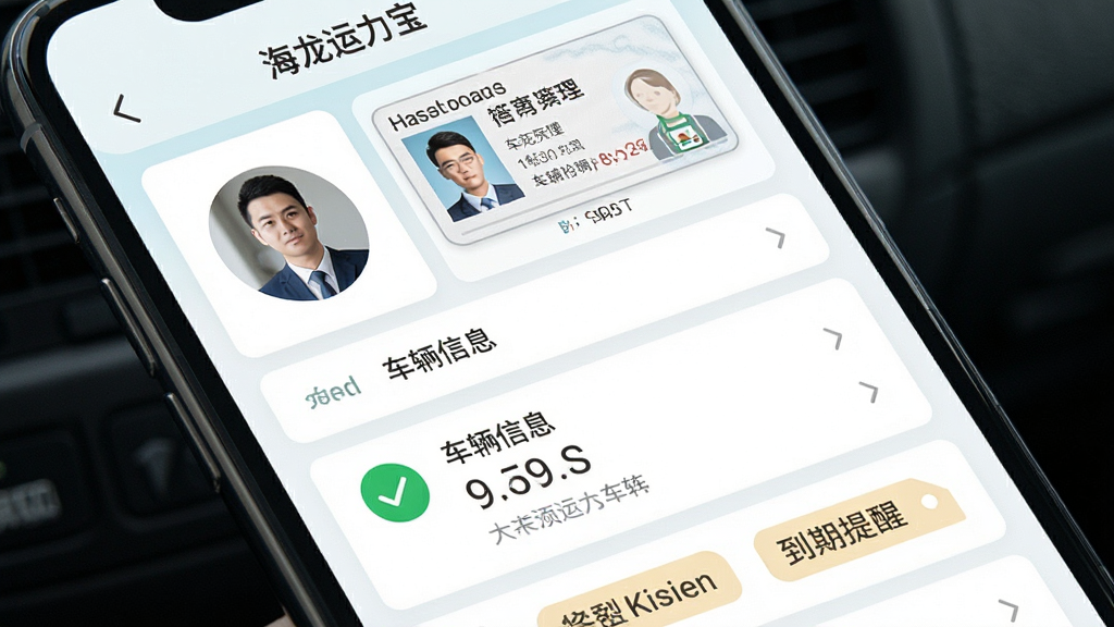 一张展示海龙运力宝车辆与司机档案管理界面的图片,画面为手机屏幕特写,屏幕上有司机头像、驾驶证卡片、车辆信息列表和到期提醒标签,布局为纵向列表式,排版规整,风格为清新浅色商务风,细节上每个档案卡片有绿色对勾图标,画质高清,干净,无多余元素