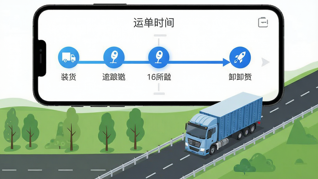 一张表现海龙运力宝运输任务全程跟踪功能的示意图,画面主体是手机屏幕显示运单时间轴,从装货到卸货各节点用图标串联,旁边有货车行驶在公路上的插画,布局为上下结构,上部手机下部公路,排版流畅,风格为现代扁平插画风,细节上时间轴节点有蓝色高亮,画质高清,干净,无多余元素