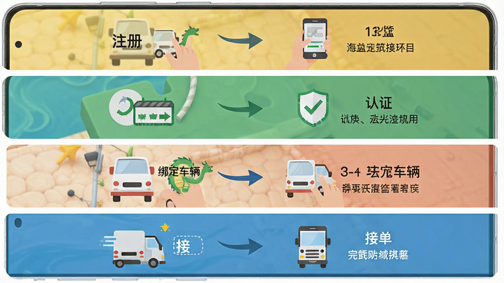 一张展示海龙运力宝新手使用步骤的示意图,画面为手机屏幕显示注册、认证、绑定车辆、接单四个步骤的流程图,布局为纵向四格,排版清晰,风格为扁平化教程风,细节上每一步有对应图标和简短文字说明,画质高清,干净,无多余元素