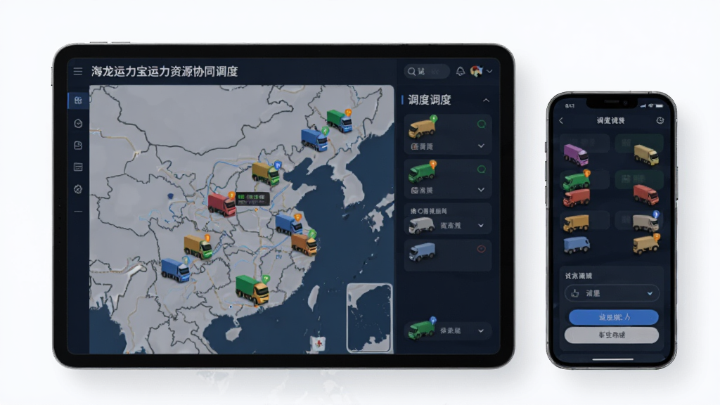 一张展示海龙运力宝运力资源协同调度功能的图片,画面为平板或手机屏幕显示多辆货车图标分布在地图上,旁边有调度面板和筛选按钮,布局为左中右三栏,排版专业,风格为简约商务科技风,细节上车辆图标有不同颜色区分状态,画质高清,干净,无多余元素