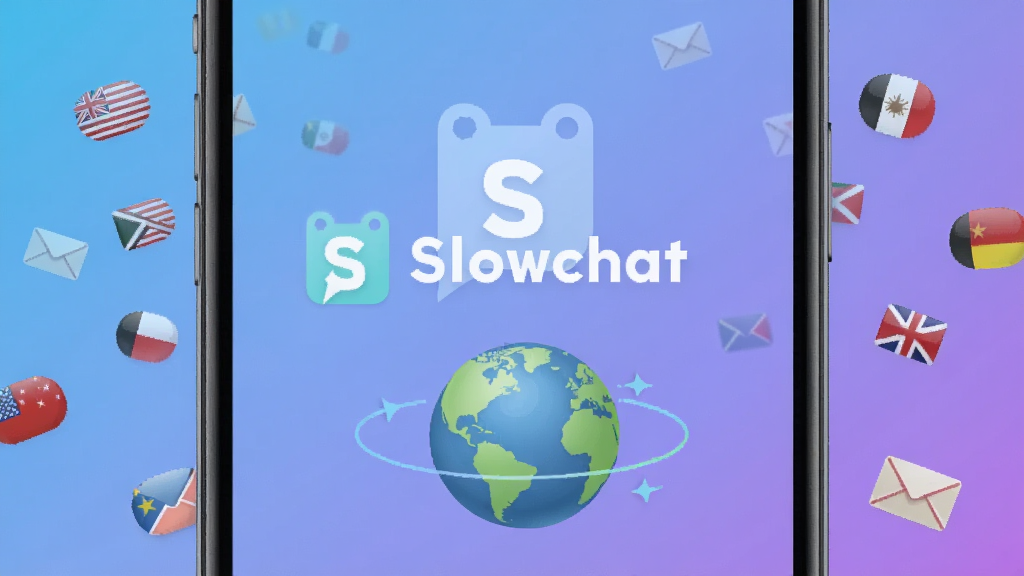 һ��չʾSlowchatӦ�ý�����ֻ���Ļ��ͼ������������Slowchat��logo�͵�����״�ı���ƥ�䶯������������͵�����ɫ���䣬��ΧƯ���Ų�ͬ���ҵĹ���Сͼ����ŷ�ͼ�������������¼�Լ�����������ɾ����޶���Ԫ��