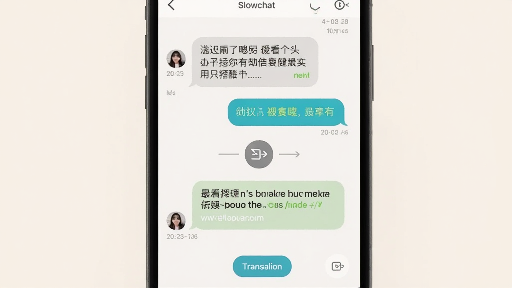 һ��չʾSlowchat��������AI��ͼ���������ֻ���Ļ����ʾһ��������Ϣ��һ��Ӣ����Ϣ���м��з����ͷͼ�꣬��������͵��װ�ɫ�����Ϊ�ִ�UI��ƣ�ϸ�ڰ����������ݡ�ʱ����ͷ��밴ť���������������ּ��