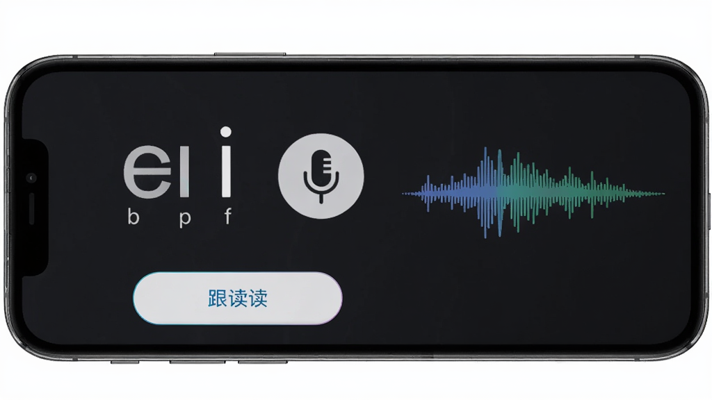 浩文学汉语拼音发音跟读界面预览图,画面展示手机屏幕中拼音字母与麦克风图标,旁边有波形反馈条,布局为上下结构,风格现代教育应用,细节包含声母b p m f与跟读按钮,画质高清,干净,无多余元素
