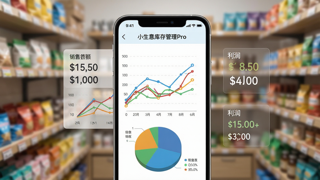 一张展示小生意库存管理Pro数据统计页面的场景图,画面中央手机屏幕显示彩色折线图和饼状图,图表旁有销售额和利润数字,背景是模糊的店铺货架,布局突出重点图表区域,风格为商务简约,细节上颜色对比鲜明,画质高清,干净,无多余元素。