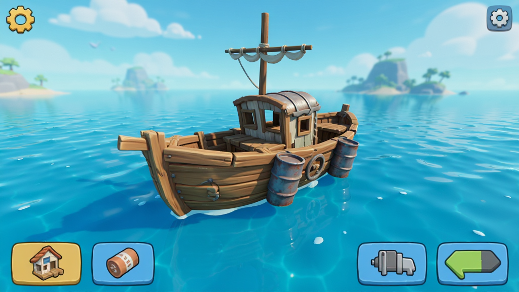 海洋沙盒模拟器游戏主界面预览图,画面中央展示一片蔚蓝的海洋场景,海面上漂浮着一艘由木板和铁桶搭建的简易船只,远处有岛屿和天空,画面下方排列着建造、道具、物理开关等操作按钮,整体风格为3D卡通写实,色彩明亮干净,画质清晰,无多余元素