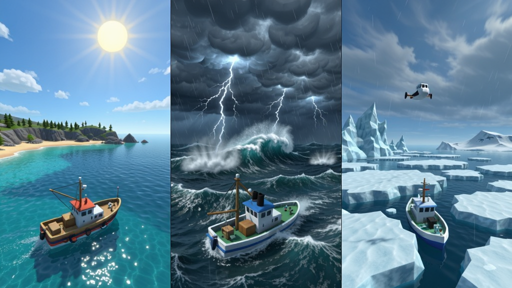 海洋沙盒模拟器多场景天气展示图,画面分为三个区域分别展示晴天海湾、暴风雨海域和冰海环境,每个区域都有对应的船只和天气效果,风格统一为3D写实,排版整齐,画质清晰,无明显文字