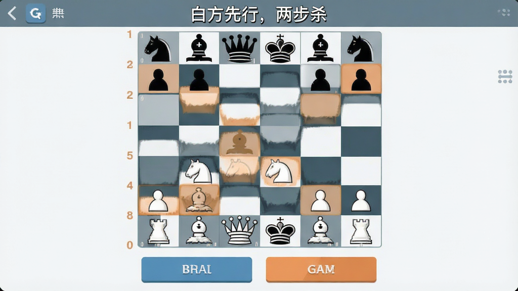 国际象棋残局训练界面,主体为棋盘上摆放着少子残局,布局中央为棋盘,上方显示题目目标文字“白方先行,两步杀”,下方为操作按钮,风格扁平化教学风,细节包括高亮可走格子,画质清晰干净无多余元素