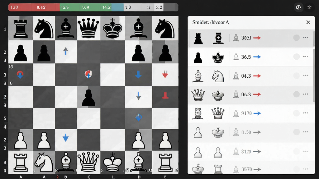 国际象棋复盘分析界面,主体为棋盘与右侧走子记录列表,布局左侧棋盘右侧数据面板,排版上方显示局势评分条,风格现代简约,细节包括红蓝箭头标注优劣手,画质高清干净无多余元素