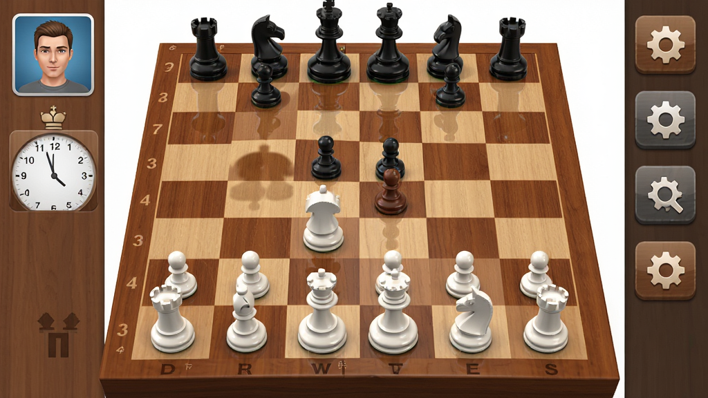 国际象棋安卓版主界面预览图,主体为一块木质纹理的立体棋盘和黑白棋子,布局居中展示对弈场景,排版左侧显示玩家头像与计时器,右侧显示功能按钮,风格写实细腻,细节包括棋子光泽与棋盘格纹,画质高清干净无多余元素