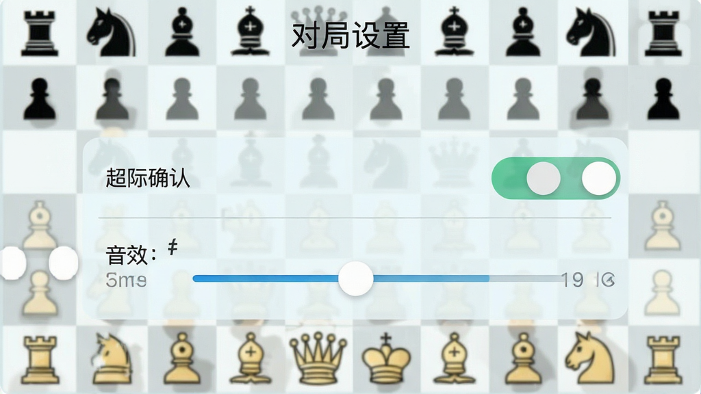 国际象棋新手设置界面手机截图风格,主体为设置菜单列表,布局纵向排列选项,排版顶部标题“对局设置”,风格清爽浅色,细节包括走子确认开关与音效滑块,画质清晰干净无多余元素