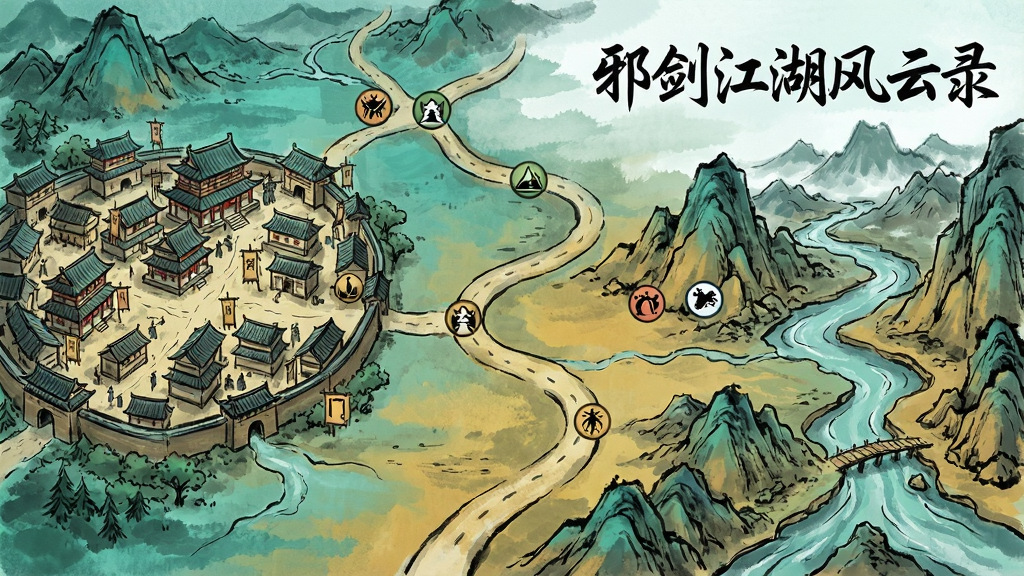 一幅中国风游戏场景概念图,画面采用俯视视角展示一个广阔的武侠世界地图,左侧是繁华的古代城镇,右侧是险峻的山川与河流,中间以蜿蜒的官道相连,地图上散布着代表不同门派的图标。画面右上角用行书字体标注“邪剑江湖风云录”字样。整体色调以青绿与土黄为主,风格为手绘水墨风格,细节精致,画质清晰,画面干净无多余元素。