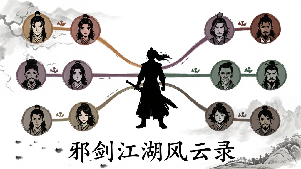 一幅武侠风格的角色关系网示意图,画面中央是主角的剪影,四周延伸出多条彩色线条连接着不同门派的代表人物头像,线条颜色代表正邪立场与好感度。画面底部用楷体书写“邪剑江湖风云录”字样。整体风格为简洁信息图与水墨元素结合,构图清晰,画质干净,无多余装饰元素。