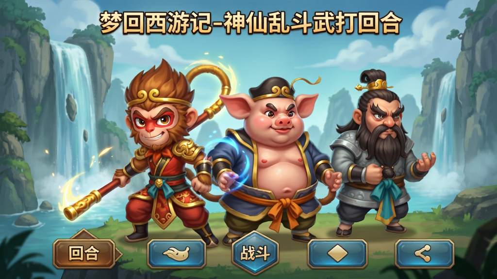 梦回西游记-神仙乱斗武打回合游戏主界面,画面中央展示孙悟空、猪八戒、沙僧三位Q版神仙角色并排站立,背景为花果山水帘洞场景,屏幕上方显示游戏名称