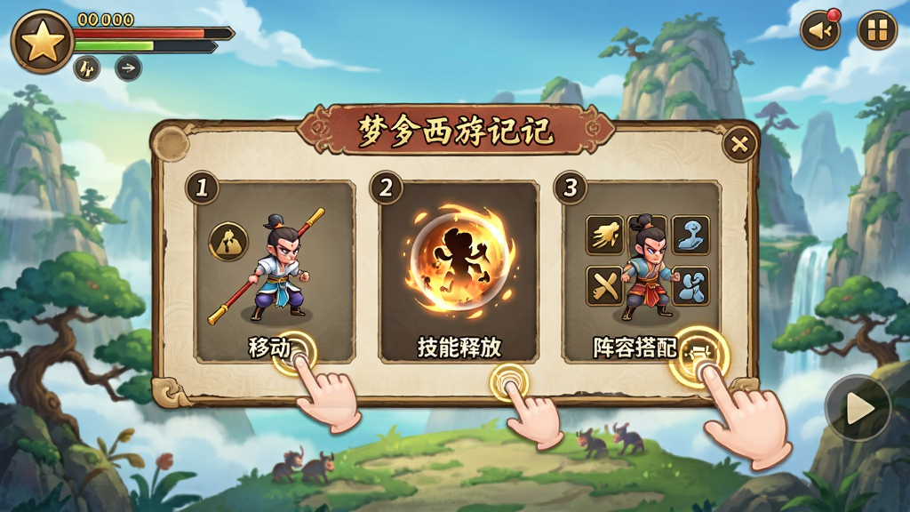 梦回西游记-神仙乱斗武打回合新手引导界面,画面展示游戏操作教学弹窗,包含角色移动、技能释放、阵容搭配等步骤图示,背景为花果山场景,界面布局为手机游戏新手教程页面,风格为国风卡通教学,细节包括手指点击提示图标、步骤序号,画质高清干净无多余元素