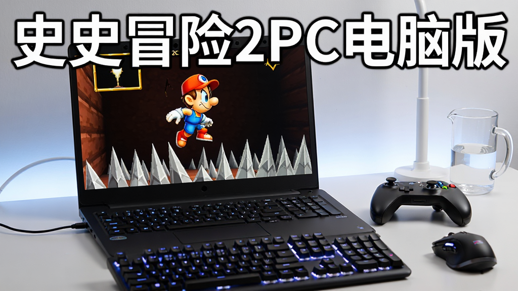 一台笔记本电脑屏幕上运行着史史冒险2PC电脑版游戏画面,主角史史正在跳跃躲避尖刺陷阱,屏幕旁边放着一个游戏手柄,整体布局为桌面场景,风格简洁明亮,细节包括键盘背光、鼠标、水杯,画质高清干净,画面中带有“史史冒险2PC电脑版”文字