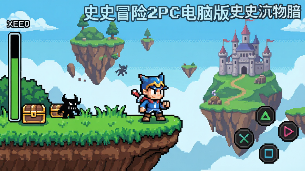 画面中央是像素风格的冒险主角史史,站在奇幻大陆的悬崖边,背景有漂浮的岛屿和远处的城堡,画面左侧显示关卡进度条,右侧显示虚拟按键布局,整体采用复古像素游戏风格,细节包括草丛、宝箱、怪物剪影,画质清晰干净,无多余元素,画面中带有“史史冒险2PC电脑版”字样
