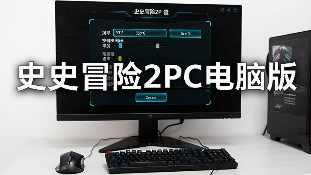 一台台式电脑显示器上显示史史冒险2PC电脑版设置界面,画面中有分辨率选项、按键映射、难度选择等菜单,旁边有鼠标和键盘,整体布局简洁,风格为科技感深色界面,细节包括选项高亮、滑块、确认按钮,画质清晰干净,画面中带有“史史冒险2PC电脑版”文字