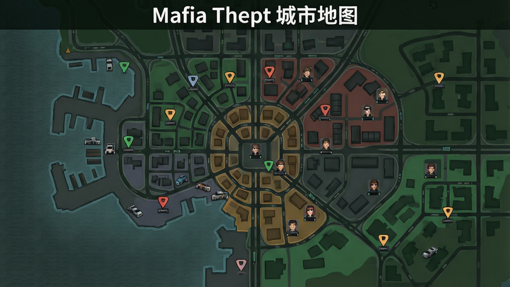 一张俯视视角的开放世界城市地图截图风格插画,画面中划分出港口区、市中心、工业区、郊区等多个区域,每个区域用不同颜色标注帮派势力范围,地图上散布着任务标记点、车辆图标和角色头像,整体风格像游戏内地图界面,色调以暗绿和深灰为主,细节包括道路网格、建筑轮廓、水域纹理,画质高清,干净,无多余元素,地图正上方用白色字体标注“Mafia Theft 城市地图”