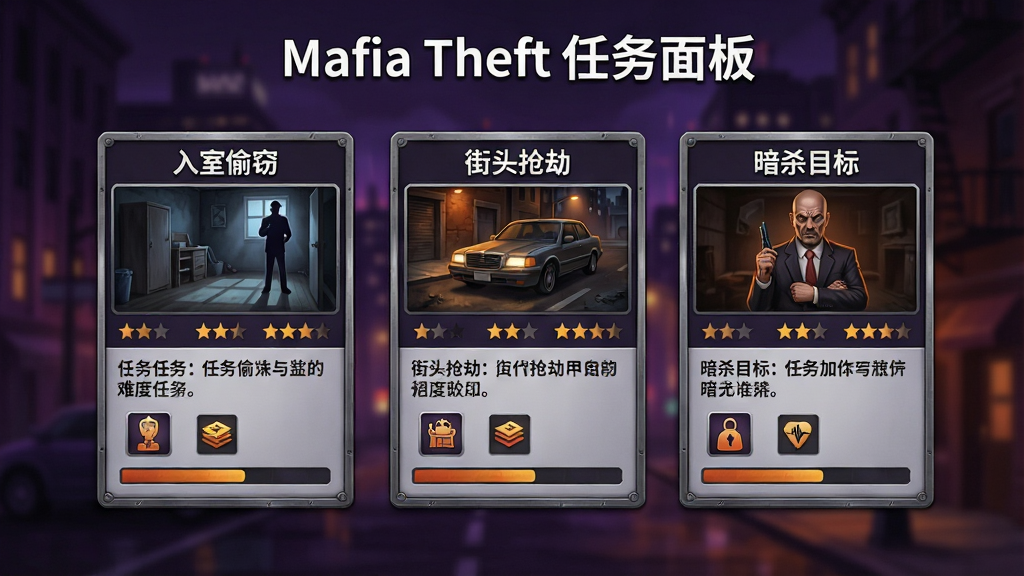 一张游戏内任务选择界面风格的插画,画面中央显示三个任务卡片,分别标注“入室偷窃”“街头抢劫”“暗杀目标”,每张卡片上有对应的场景缩略图和难度星级,背景是模糊的城市夜景,整体色调以深紫和暗橙为主,卡片边框有金属质感,细节包括任务描述文字、奖励图标、进度条,画质高清,干净,无多余元素,界面顶部用白色字体写着“Mafia Theft 任务面板”
